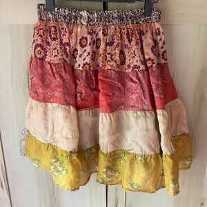 VTG Silk by Tangibles bohemian ruffle festival patchwork mini skirt L  fairy